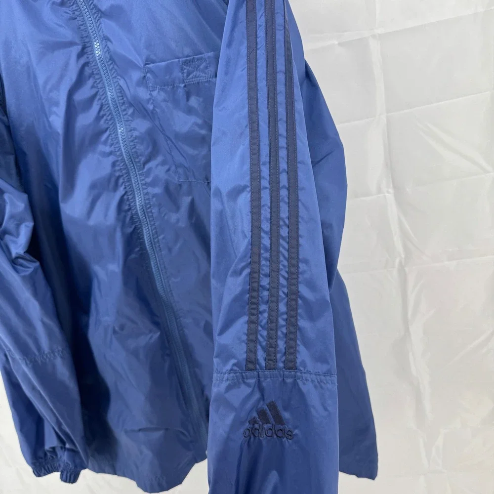 Adidas Windbreaker Jacket Mens Large Blue Full Zip Packable Hood‎ Mesh Lined